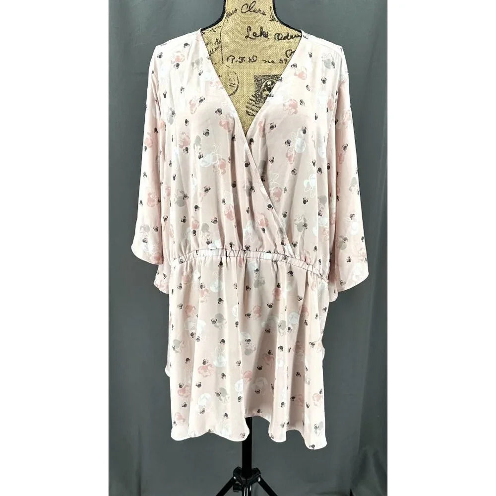 Disney Top Women Plus 6 Blush Black Minnie‎ Kimono Sleeve V-Neck Tunic Blouse